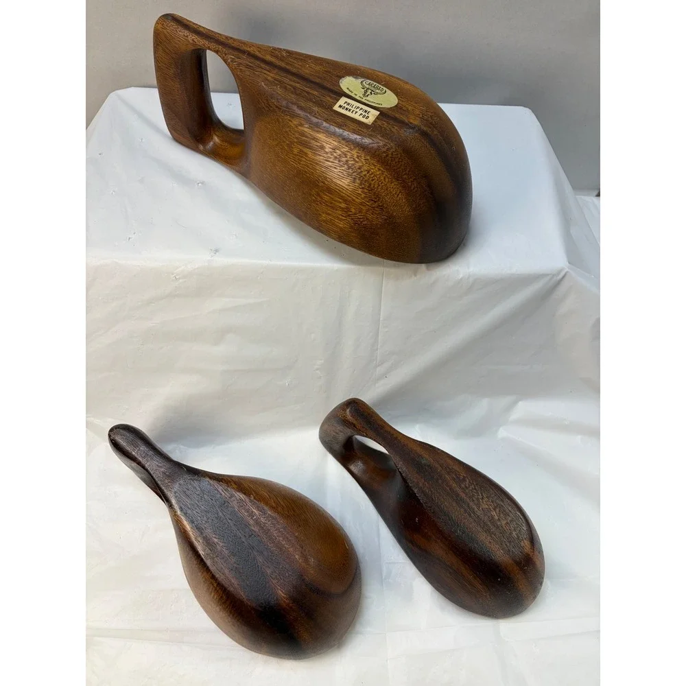 Carabao Brand Philippine Monkey Pod Wood Hand Carved Bowls Set of 3 Vintage